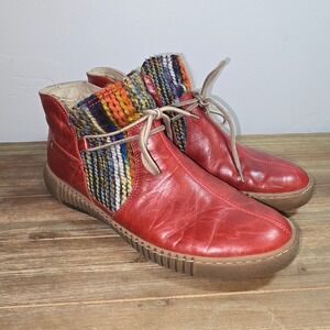 Josef Seibel Womens Red Leather Knit Collar Ankle Boots Red 41 US 10-10.5